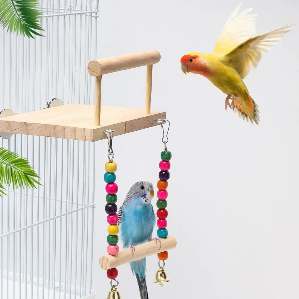 Bird Stand Platform Swing Toys Wooden Parrot Swing Toy Suspension Bridge Climbing Frame with Chewing Beads Birdcage Accessories