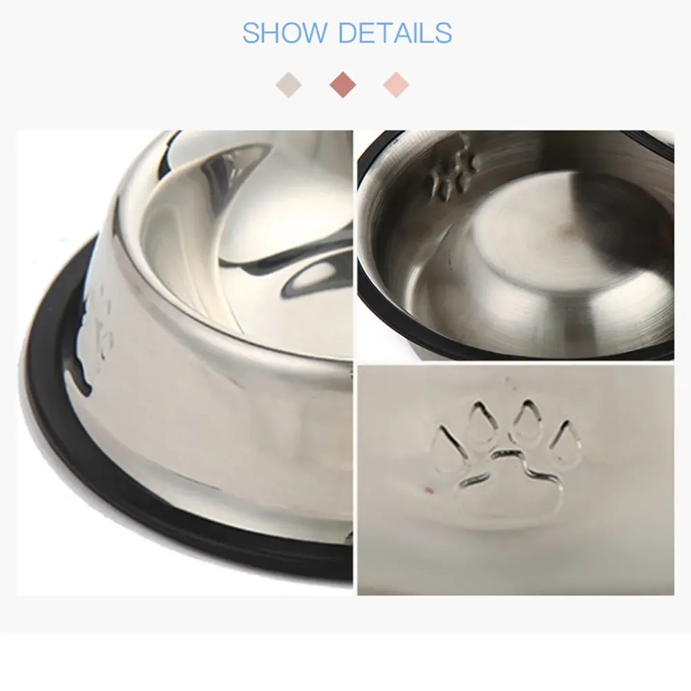 Stainless Steel Dog Cat Food Bowl Pets Quality Metal Pawprint Feeder Non-slip Pet Feeding Container with Rubber Base Accessories
