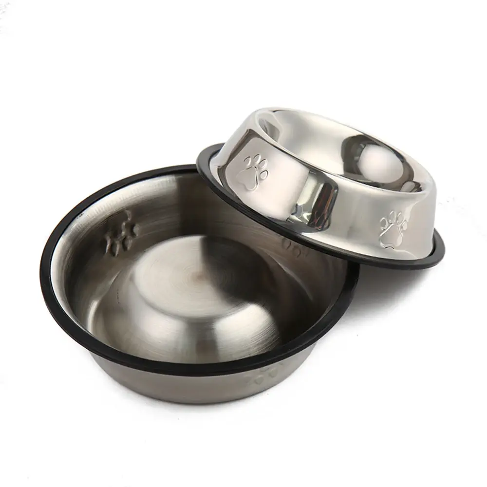 Stainless Steel Dog Cat Food Bowl Pets Quality Metal Pawprint Feeder Non-slip Pet Feeding Container with Rubber Base Accessories