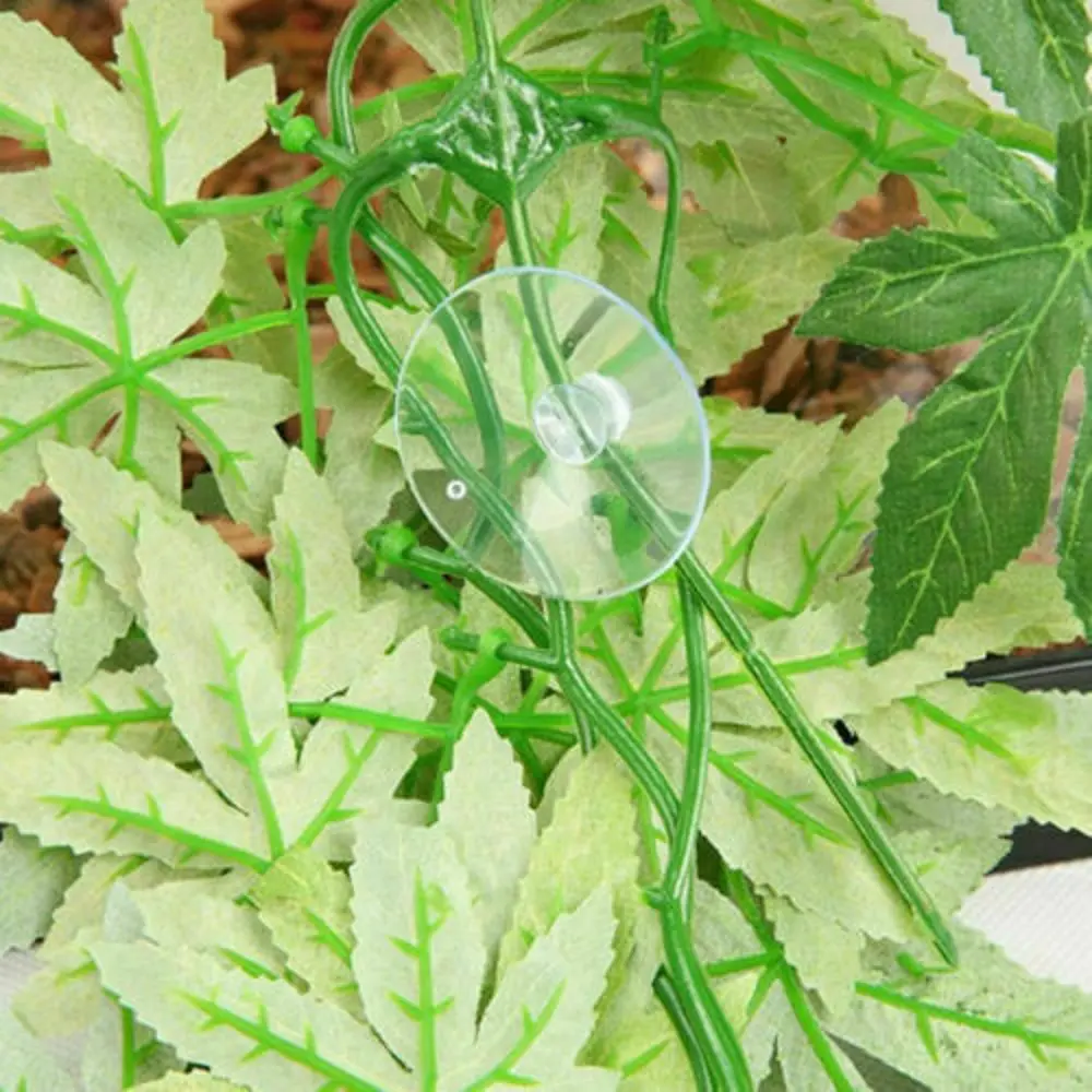 Artificial Reptile Plant No-Fade Durable Hanging Leaves Ornament with Sucker for Terrarium Reptile Aquarium Fish Tank