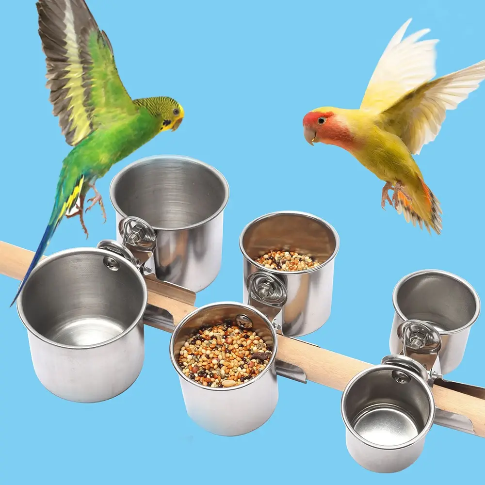 Parrot Feeder Cup with Clip Stainless Steel  Double Cups Bird Feeding Food Water Bowl Cage Feeder Accessories Pet Supplies