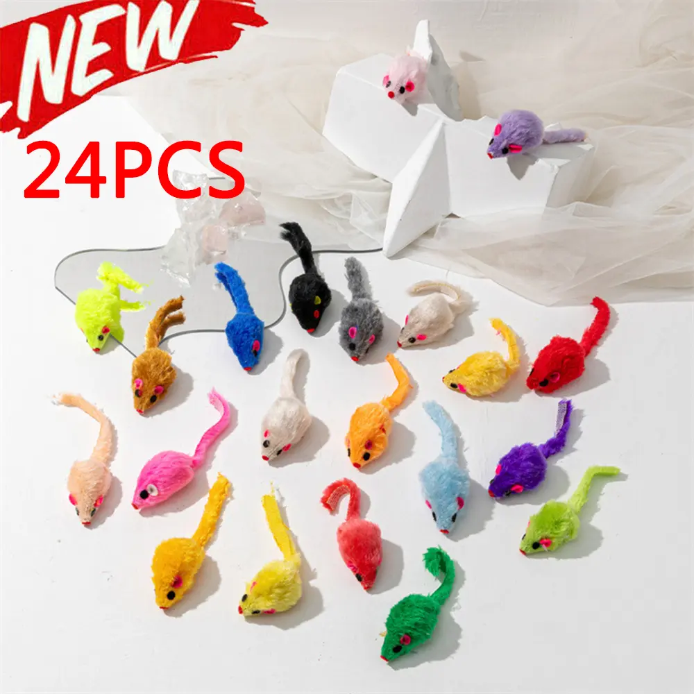 24PCS Cat Mouse Toys Faux Fur Mouse Cat Toys Interactive Cat Game Catnip Toys for Indoor Kitten Play Fetch Pet Supplies