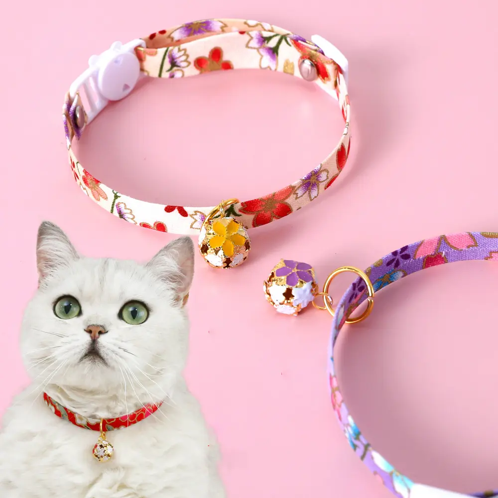 Adjustable Floral Pet Collar - Breakaway Safety Design with Bells for Cats & Small Pets