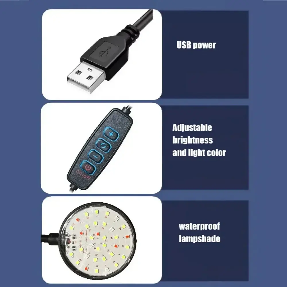 LED Fish Tank Clip Lamp 3 Colors Adjustable USB Power Led Full Spectrum Waterproof Lamp for Small fish tank Aquarium Lights
