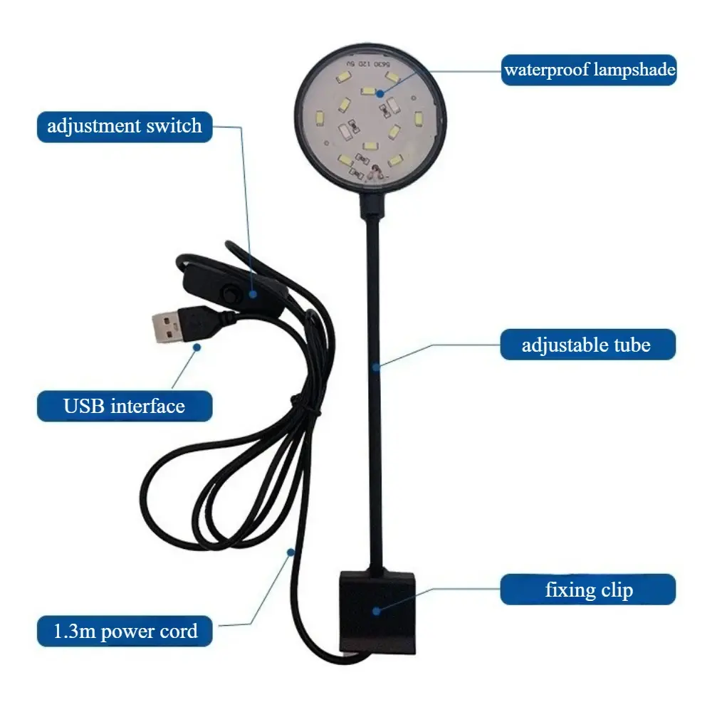 LED Fish Tank Clip Lamp 3 Colors Adjustable USB Power Led Full Spectrum Waterproof Lamp for Small fish tank Aquarium Lights