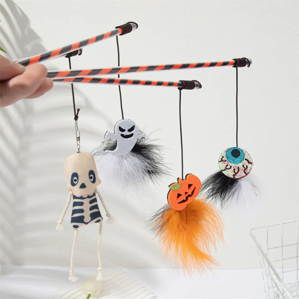 Cat Teasing Stick Halloween Ghost Pumpkin Feathered Toy Interactive Self-Playing For Cats Kitten