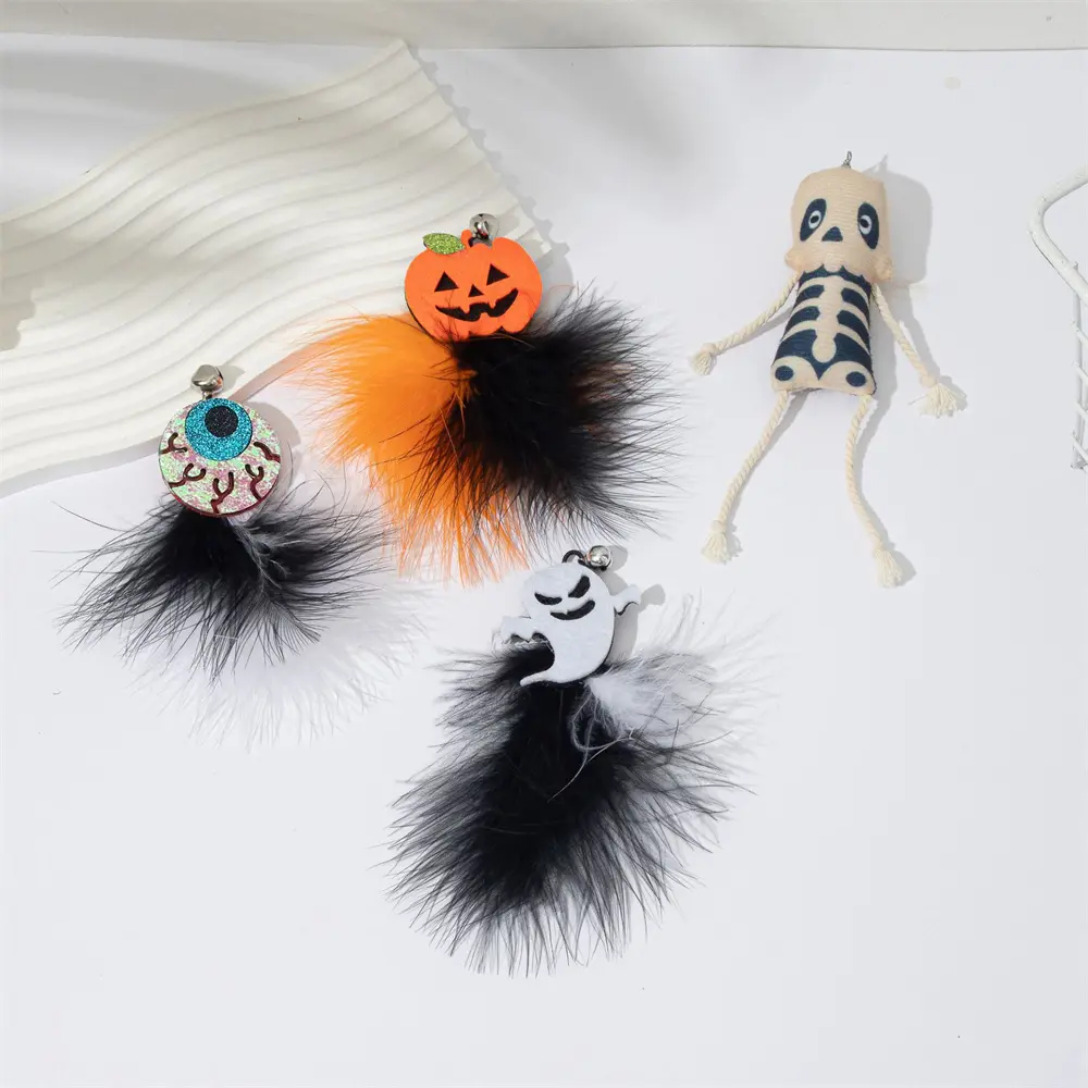 Cat Teasing Stick Halloween Ghost Pumpkin Feathered Toy Interactive Self-Playing For Cats Kitten