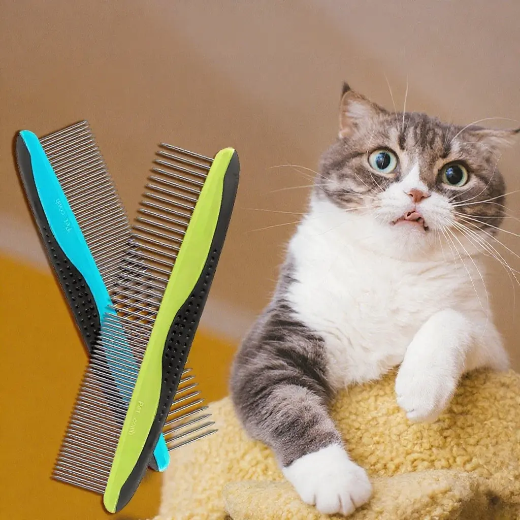 Stainless Steel Double Teeth Pet Comb Dense Grooming Tool For Open Knot & Floating Hair Removal, Long Hair Cat Dog Supplies