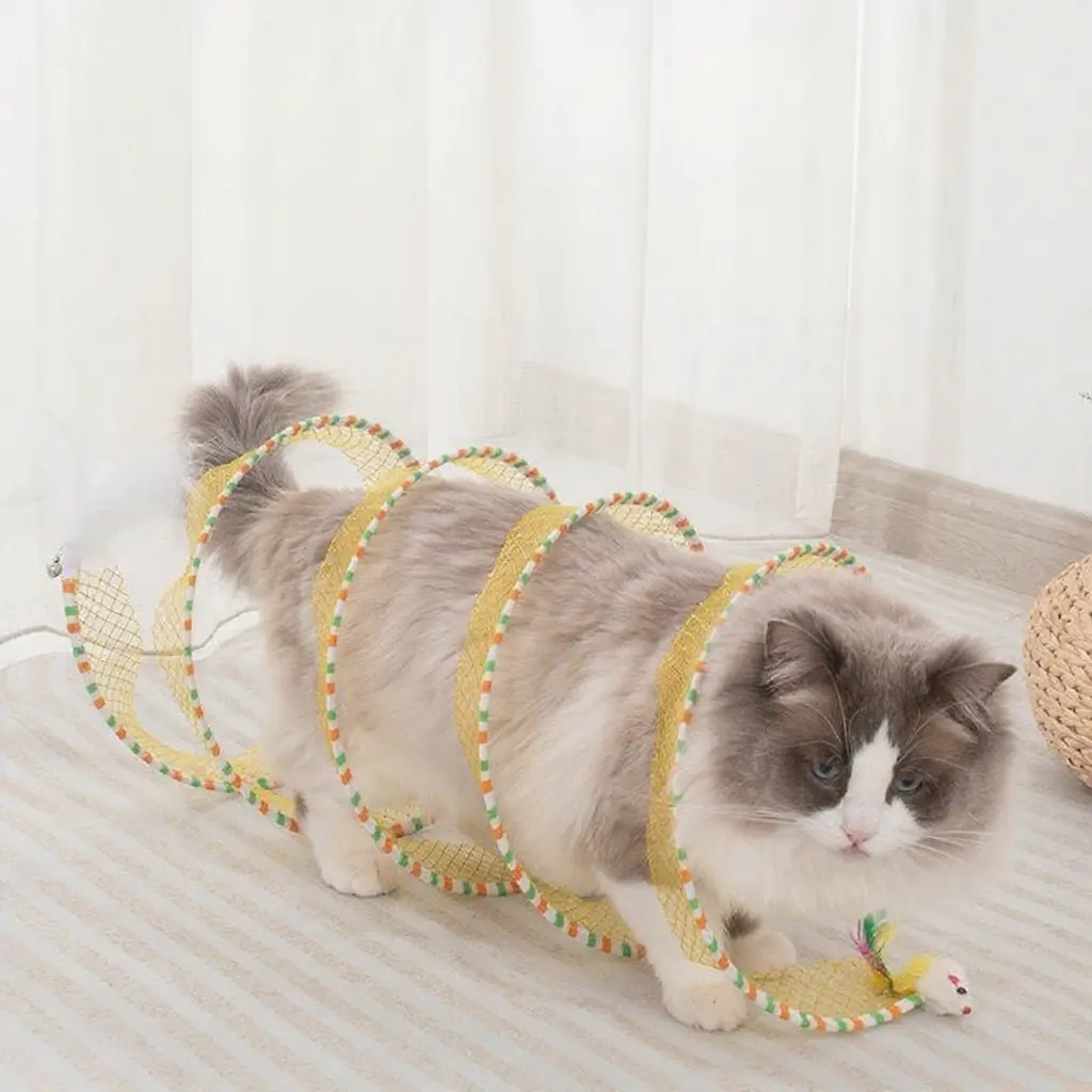 New Colorful S-Shape Coil Spiral Toy Foldable Cat Coil Cat Tunnel Teaser Bite Resistant Self Relief Mouse Feather Pet Supplies