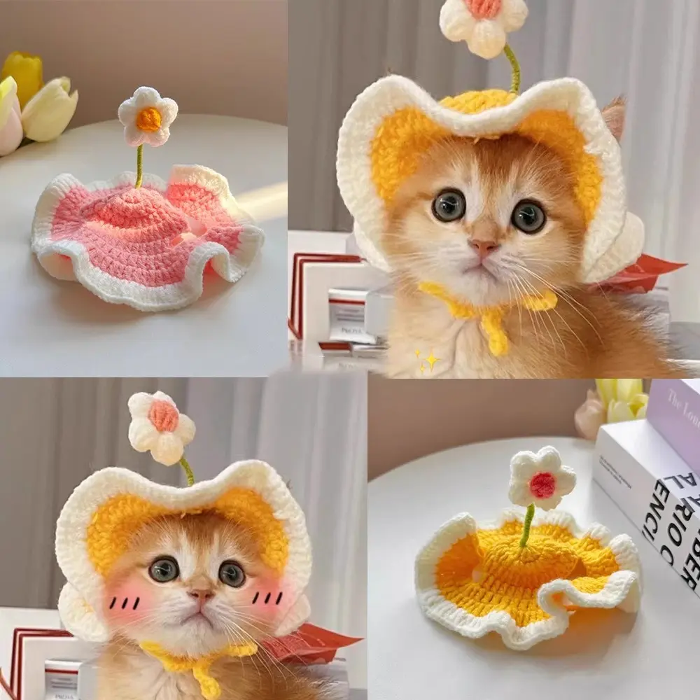 Cute Flower Cat Hat Pet Cap Knitted Headgear Puppy Kittens Woolen Transformation Dress Up Headdress Fashion Funny Pet Accessory