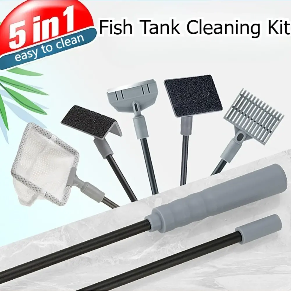 Aquarium Cleaning Tools Kit 5-in-1 Fish Tank Glass Algae Cleaner Set Fish Tanks Scraper Fishing Net Sponge Brush Accessories