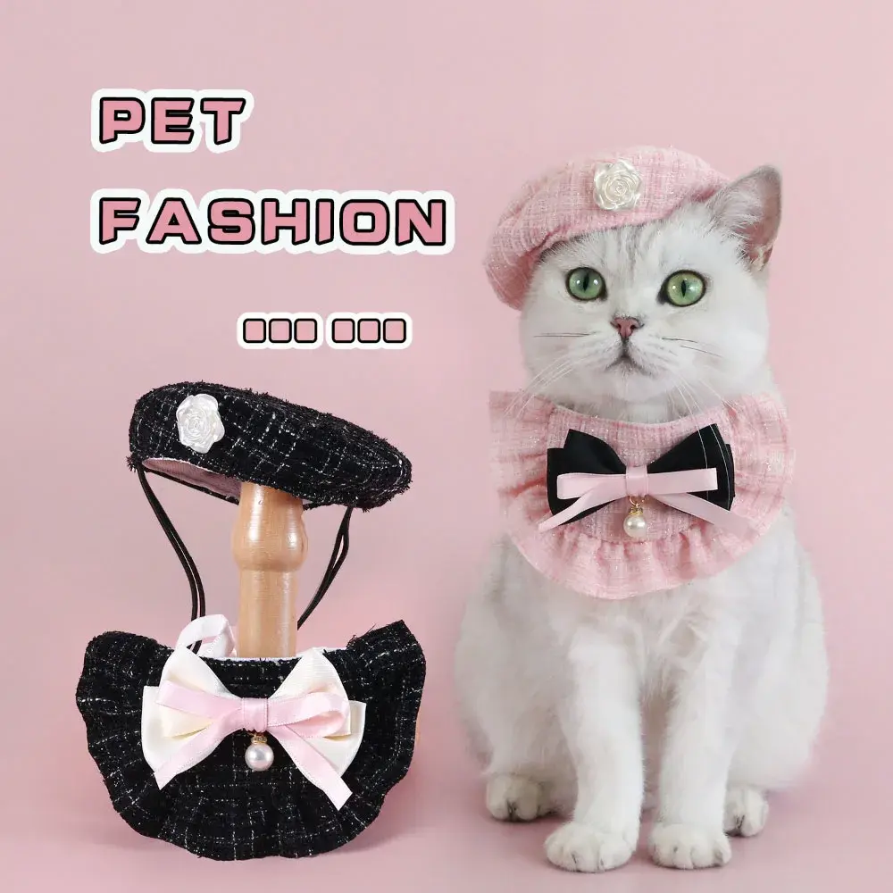 Pet Hat Bow Tie Bibs Set Cute Flower Bow Bibs Beret for Cat Dog Party Photo Props Cat Accessories