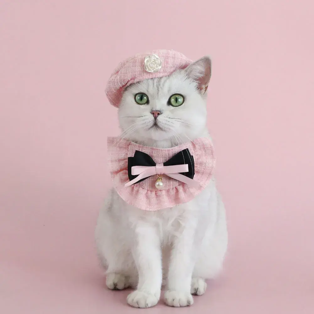 Pet Hat Bow Tie Bibs Set Cute Flower Bow Bibs Beret for Cat Dog Party Photo Props Cat Accessories