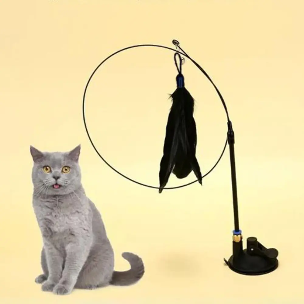 Cat Teaser Wand Toy With Detachable Feathers & Strong Suction Cup Interactive Pet Play Pole for Kitten Indoor Training Toys