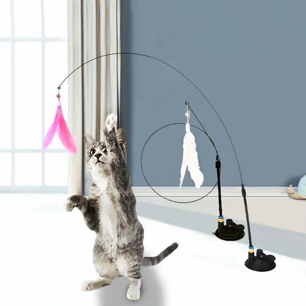 Cat Teaser Wand Toy With Detachable Feathers & Strong Suction Cup Interactive Pet Play Pole for Kitten Indoor Training Toys
