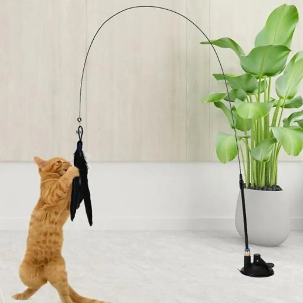 Cat Teaser Wand Toy With Detachable Feathers & Strong Suction Cup Interactive Pet Play Pole for Kitten Indoor Training Toys