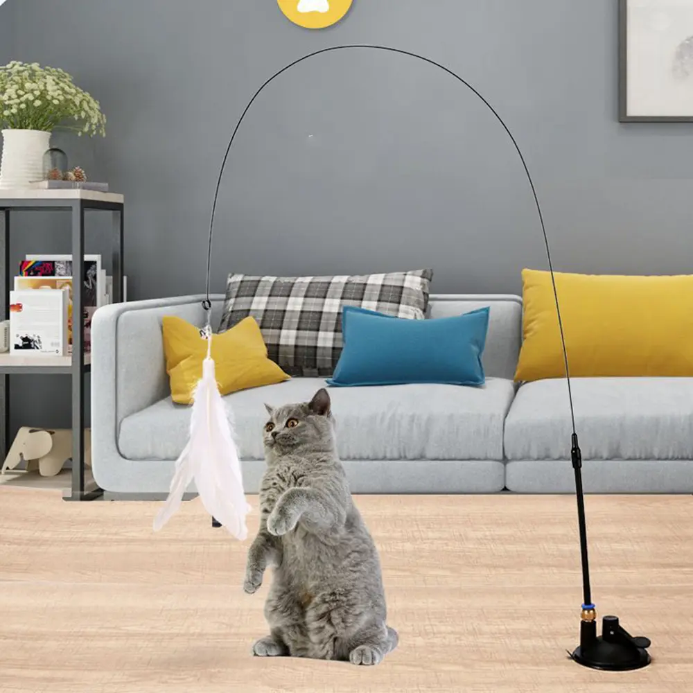 Cat Teaser Wand Toy With Detachable Feathers & Strong Suction Cup Interactive Pet Play Pole for Kitten Indoor Training Toys