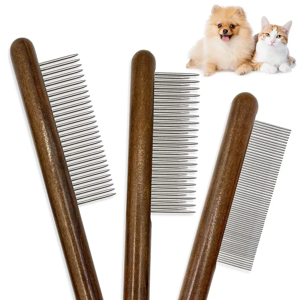 Pet Comb Stainless Steel Pet Hair Remover Wooden Handle Solid Fleas Ticks Removal Grooming Tool for Cats & Dogs