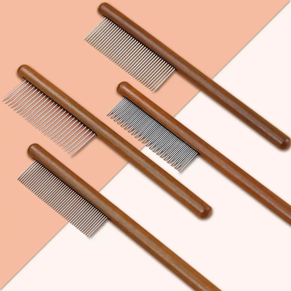 Pet Comb Stainless Steel Pet Hair Remover Wooden Handle Solid Fleas Ticks Removal Grooming Tool for Cats & Dogs
