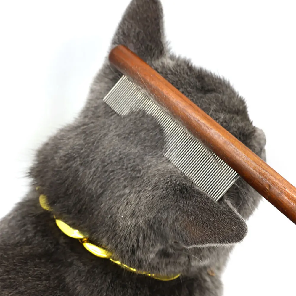 Pet Comb Stainless Steel Pet Hair Remover Wooden Handle Solid Fleas Ticks Removal Grooming Tool for Cats & Dogs
