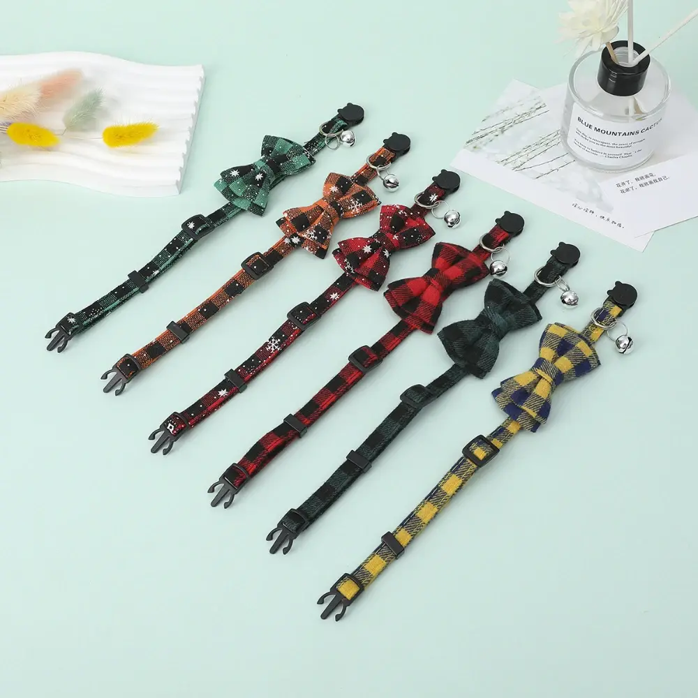 Cat Collar with Bow Bell Pet Red Blue Plaid Adjustable Bow Collar for Cat Dog Small Bell Bow Tie Collar Pet Accessories