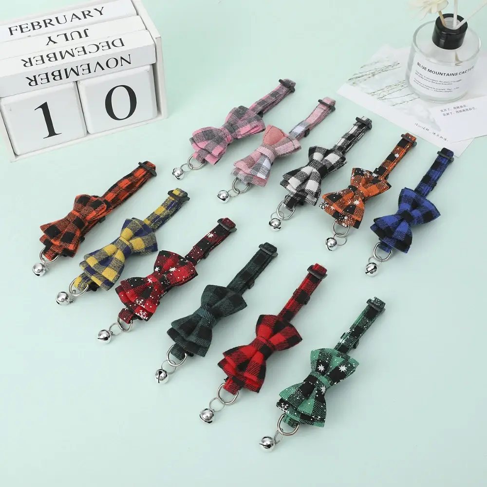 Cat Collar with Bow Bell Pet Red Blue Plaid Adjustable Bow Collar for Cat Dog Small Bell Bow Tie Collar Pet Accessories