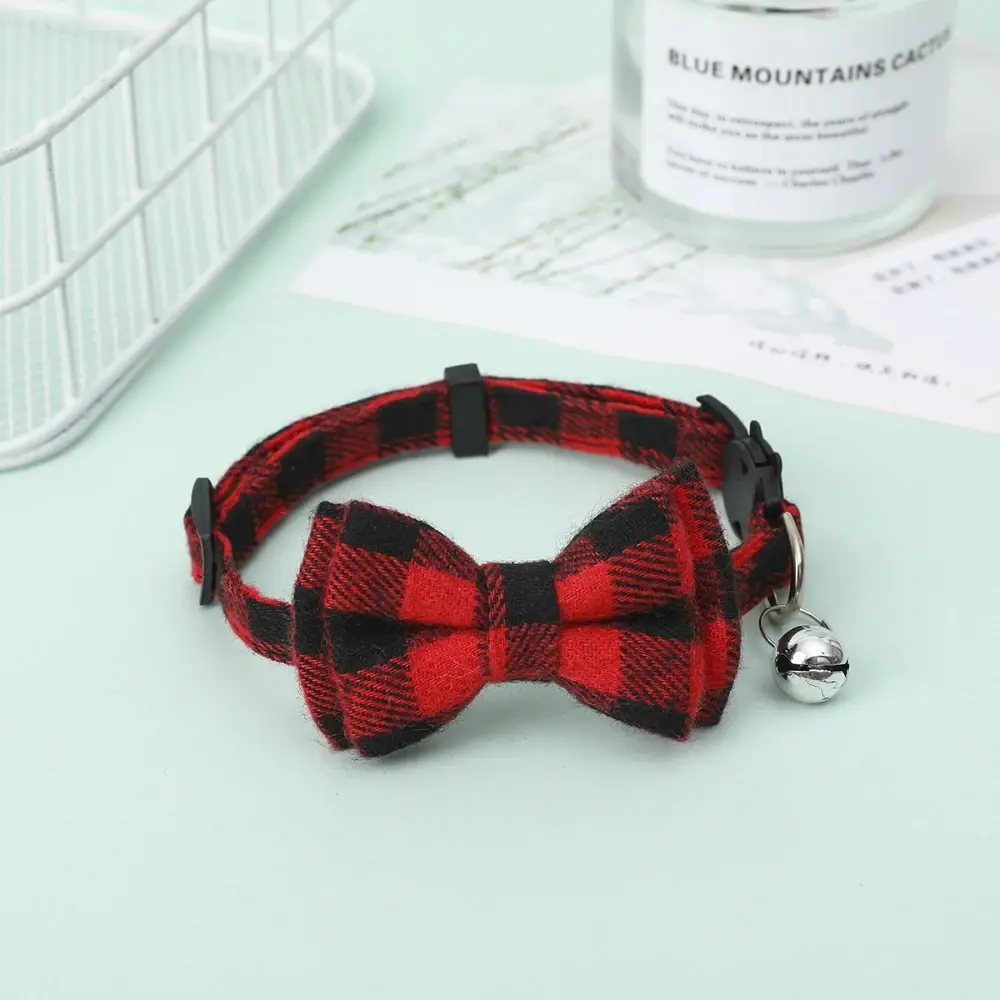 Cat Collar with Bow Bell Pet Red Blue Plaid Adjustable Bow Collar for Cat Dog Small Bell Bow Tie Collar Pet Accessories