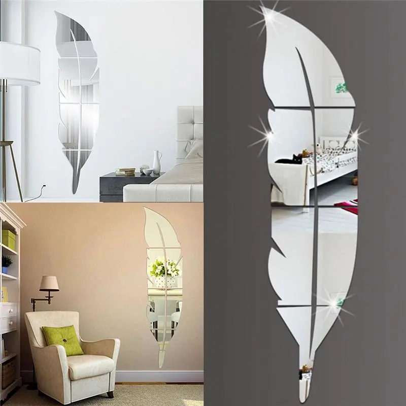 15*72cm Large Feather Acrylic Mirror Wall Sticker Background Wall Decoration Decorative Mirror Home Decoration