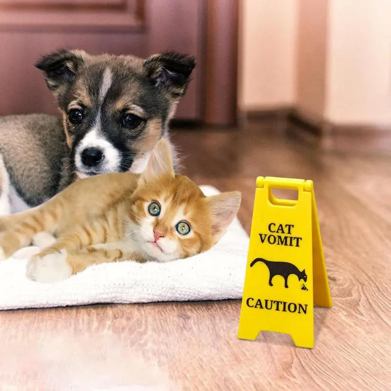 Funny mini cat and dog vomiting signs, beware of vomiting warning signs, prank signs, desktop decoration signs
