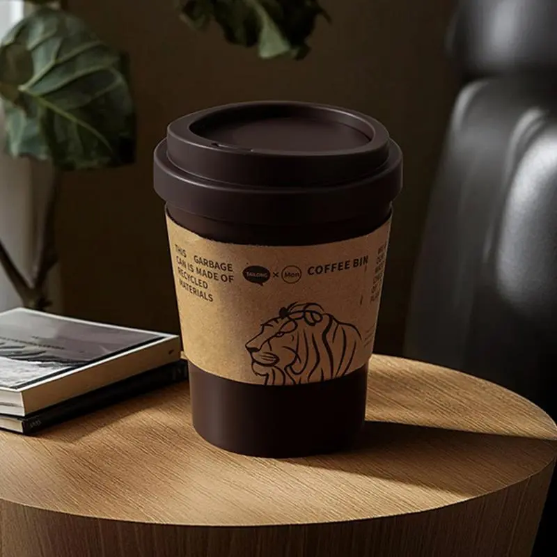 Trash Bin Coffee Cup Shaped Mini Trash Can Swing Lid Container With Large Capacity Storage Basket For Bathroom Patio Toilet