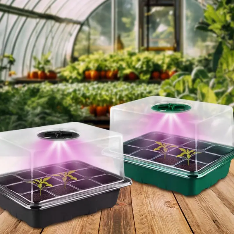 Seedling Starter Trays With Grow Lights 12 Cell Indoor Plants Germination Kit Propagation Box Adjustable Brightness Timing