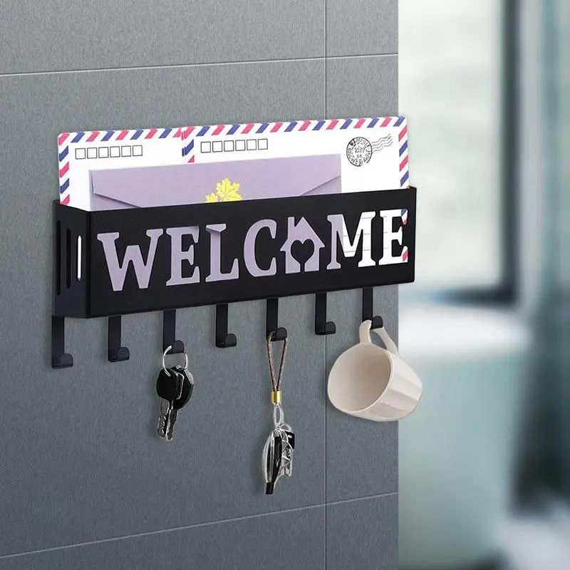 Keyring And Mail Holder On Wall Metal Wall Mounted Mail Organizer With Hooks Welcome Decorative Shelf Hangers Easy Installation