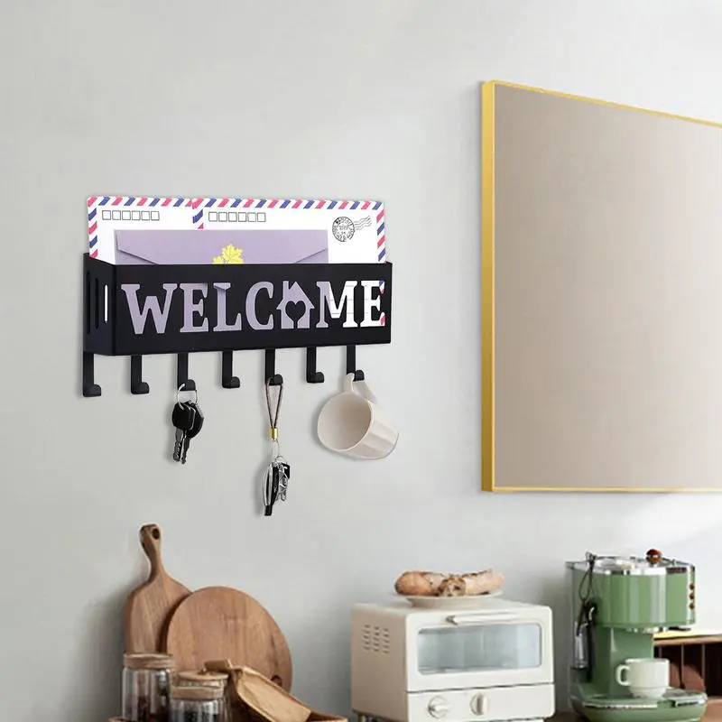 Keyring And Mail Holder On Wall Metal Wall Mounted Mail Organizer With Hooks Welcome Decorative Shelf Hangers Easy Installation