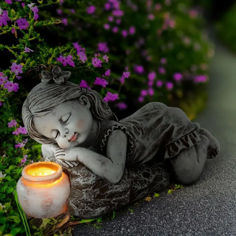 Garden Solar Child Figures Cute Resin Sculpture Of Lying Down Child Automatic Charging Photography Props For Lawn Window Sill