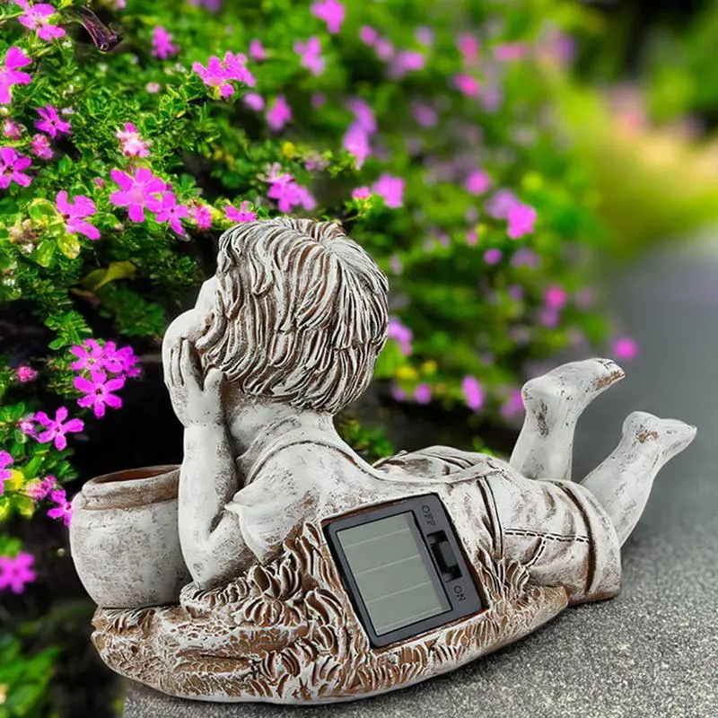 Garden Solar Child Figures Cute Resin Sculpture Of Lying Down Child Automatic Charging Photography Props For Lawn Window Sill