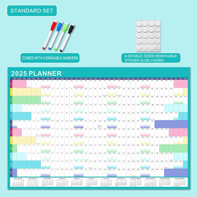 35.43*23.62in 2025 English Erasable Calendar Yearly Planner Dry Erase Calendar Blank Grid Memo Daily Planner Simple Wall Decorat