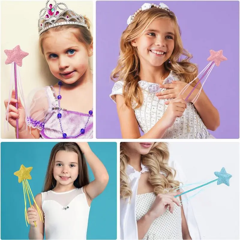 Princess Wands For Little Girls 4X Princess Wands Bulk With Shiny Sequins Soft Ribbons Children Dress-Up Rod Game For Weddings