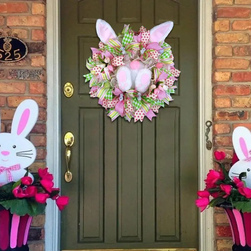 Easter Rabbit Wreath Decor For Front Door Easter Bunny Door Wreath Bunny Gnome Design Farmhouse Wreath Spring Outdoor Garland