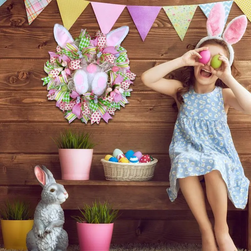 Easter Rabbit Wreath Decor For Front Door Easter Bunny Door Wreath Bunny Gnome Design Farmhouse Wreath Spring Outdoor Garland
