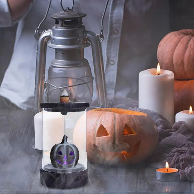 LED Backflow Incense Burner Non Slip Stylish Windproof Fountain With Glass Cover Festive Pumpkin Decor Aromatherapy Home