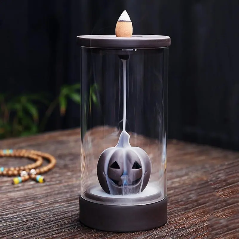 LED Backflow Incense Burner Non Slip Stylish Windproof Fountain With Glass Cover Festive Pumpkin Decor Aromatherapy Home