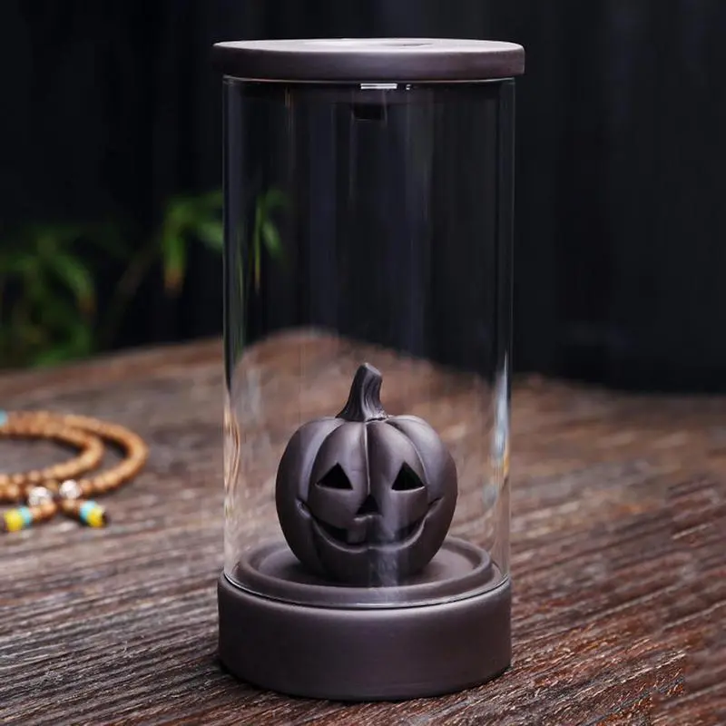 LED Backflow Incense Burner Non Slip Stylish Windproof Fountain With Glass Cover Festive Pumpkin Decor Aromatherapy Home