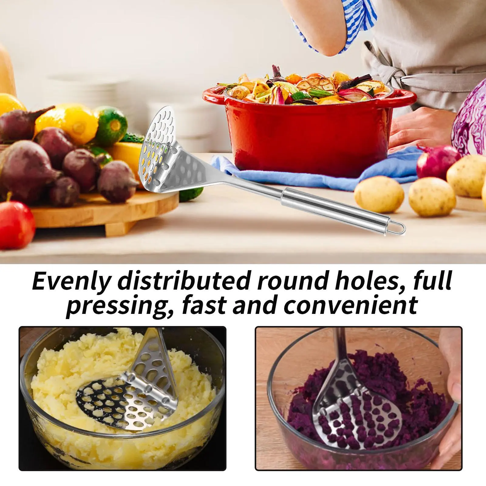 Stainless Steel Masher Fruits Smasher Stainless Steel Non-Slip Manual Potato Masher For Cooking Baby Food Meat Mashed Veggies