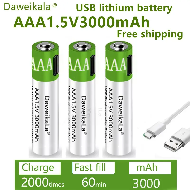 Fast charging USB AAA/AA rechargeable battery 1.5V 3000mAh/3800mAh remote control for toy keyboard mouse lithium-ion battery