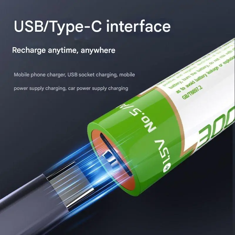 1.5V 3000mWh/1500mWh AA/AAA Rechargeable Battery USB Type-C Rechargeable Lithium Battery for Remote Control Electric Toys Mouse