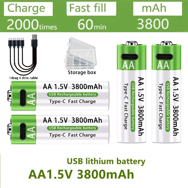 Fast charging USB AAA/AA rechargeable battery 1.5V 3000mAh/3800mAh remote control for toy keyboard mouse lithium-ion battery