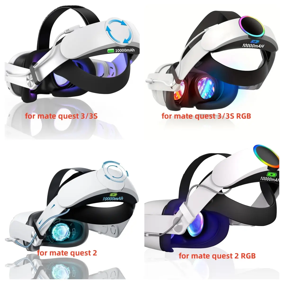 Head mounted for Oculus Quest 2 for Quest 3/3s RGB Battery 10000mAh RGB Battery Fast Charge 18W Head mounted VR Accessories