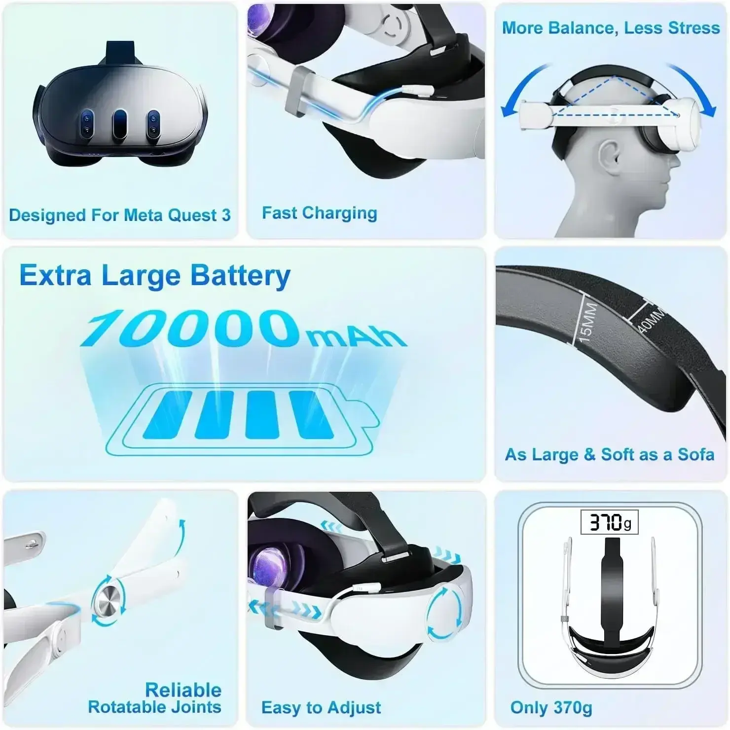 Head mounted for Oculus Quest 2 for Quest 3/3s RGB Battery 10000mAh RGB Battery Fast Charge 18W Head mounted VR Accessories
