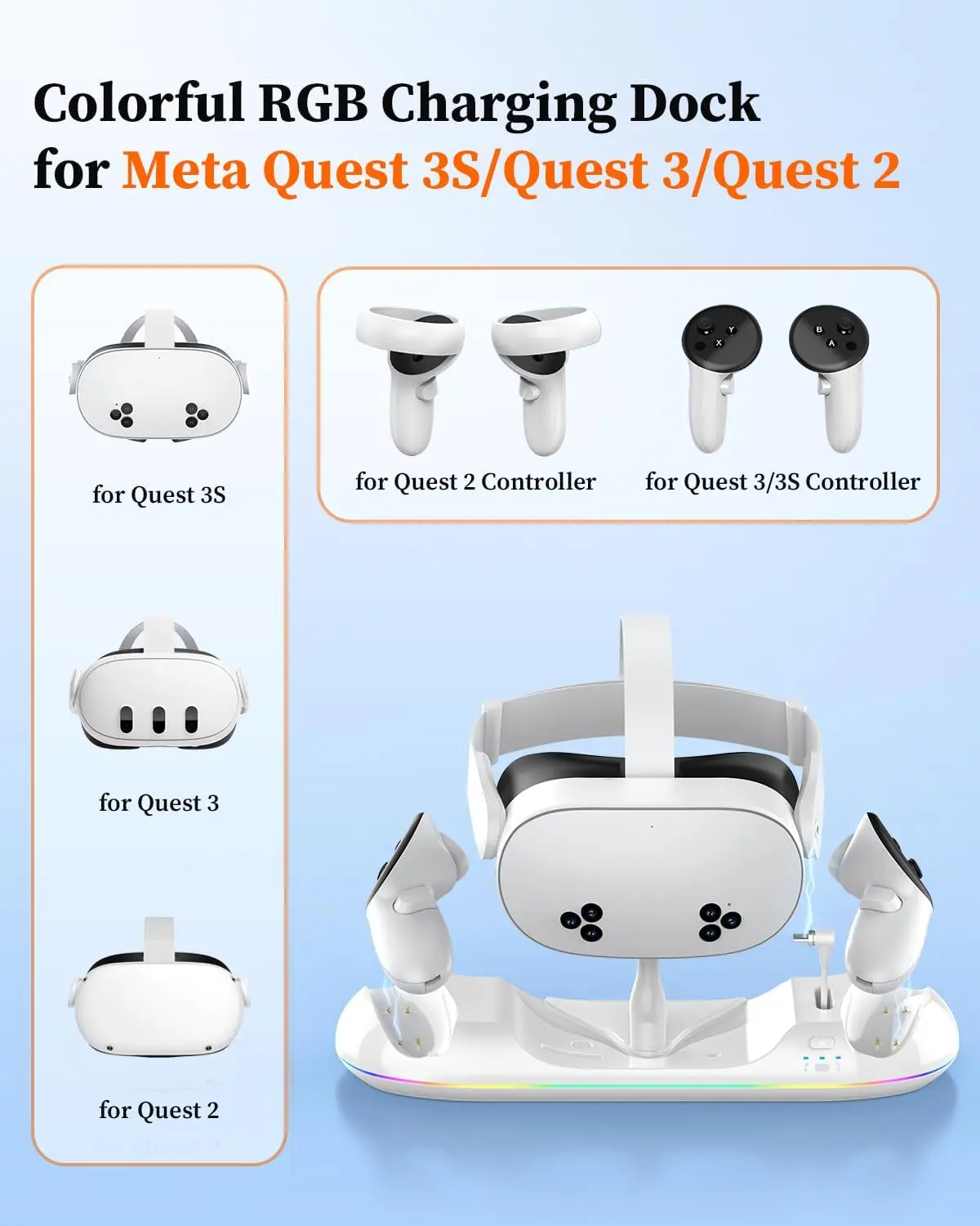 Charging Dock for Meta Quest 3S/3/2 20W Magnetic RGB Charging Station for Oculus Quest 3S/3/2 Headset Controllers VR Accessories