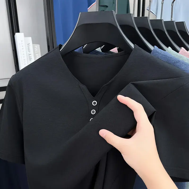 New Men's Casual and Fashionable Three Button V-neck Solid Color Short Sleeved T-shirt Summer Versatile Top